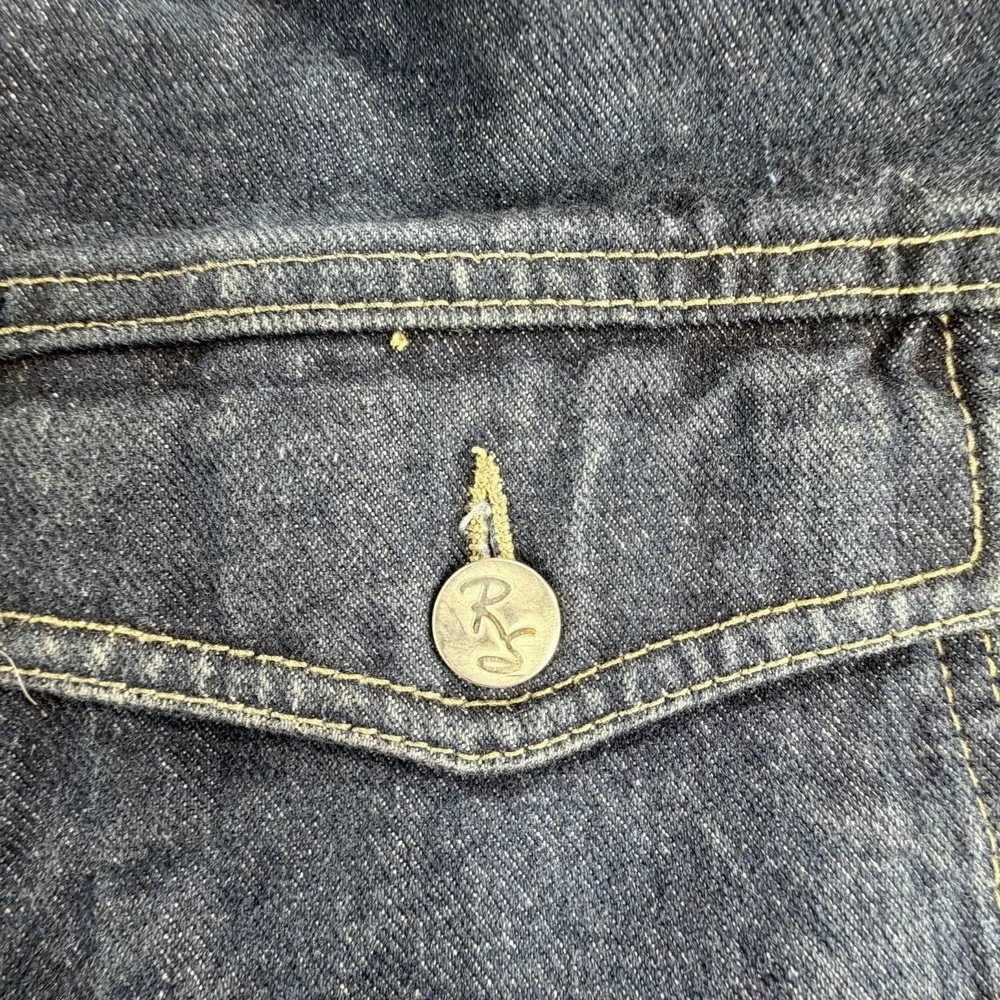 Vintage Robert Stock Denim Jacket Mens XL Blue Leather Patch Back Trucker